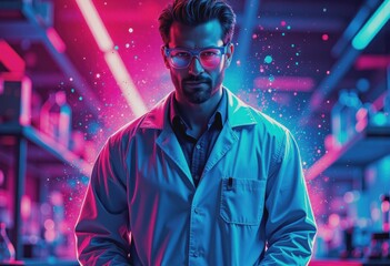 Obraz premium Materials scientist in a lab, developing innovative composites with vibrant lighting