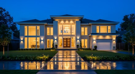 Fototapeta premium A luxurious modern house glows at dusk with a reflective walkway leading to its grand entrance