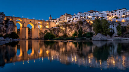 Obraz premium Puente Nuevo Bridge Reflected at Blue Hour 