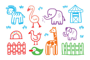 Adorable Doodle Zoo: Charming hand-drawn illustrations of various zoo animals create a delightful and whimsical visual, perfect for playful projects and cheerful designs.
