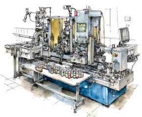 Automated Pharmaceutical Bottle Filling Line: Watercolor Sketch, Industrial Mood