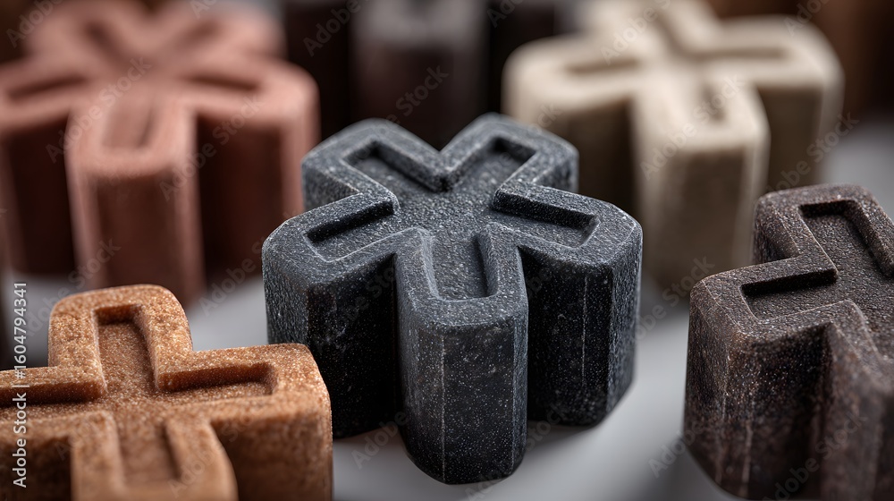 Poster close-up view of textured cross-shaped objects in various shades.