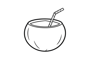 Coconut Water With Straw Cartoon Flat Style