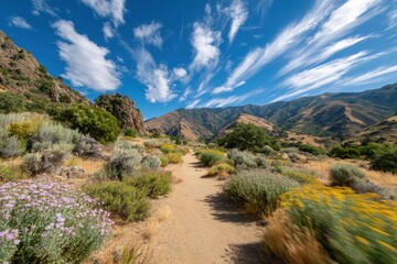 Scenic hiking path through vibrant wildflower fields and majestic mountains under a bright blue sky with wispy clouds, perfect for nature exploration and outdoor adventure photography.