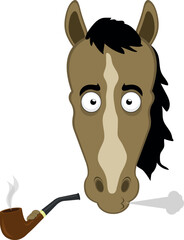 vector illustration character face horse cartoon smoking and exhaling pipe tobacco smoke