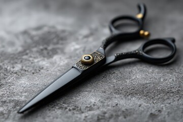 Barber shears with black matte coating on gray surface
