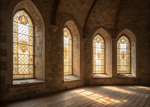 Sunlight streams through gothic arched stained glass windows