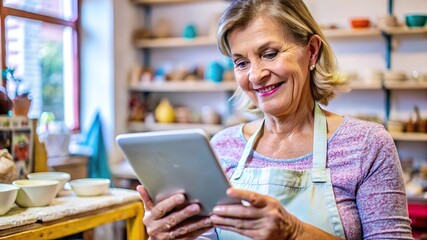 Smiling mature woman in an apron using a tablet in her pottery studio surrounded by shelves of ceramics