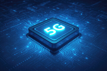 Glowing blue 5G microchip on circuit board technology digital