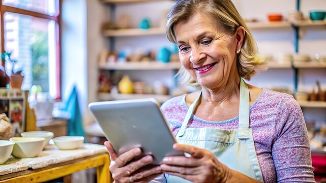 Smiling mature woman in an apron using a tablet in her pottery studio surrounded by shelves of ceramics