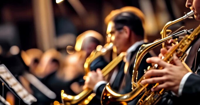 A musician plays the saxophone in a jazz band during a live music performance. A 4K footage concept of a solo on a brass instrument in a club. 