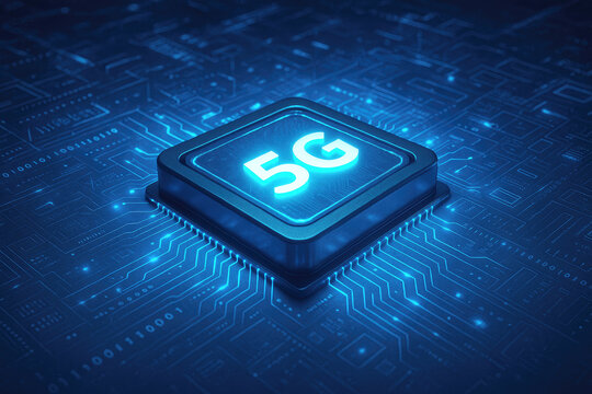 Glowing blue 5G microchip on circuit board technology digital