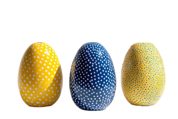 Three ceramic eggs, each a different color, are decorated with polka dots