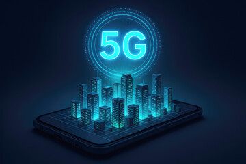 Glowing blue 5G symbol above futuristic city skyline on smartphone technology urban