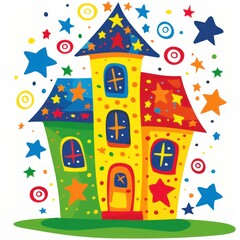 Fototapeta premium Colorful whimsical cartoon house with stars and circles