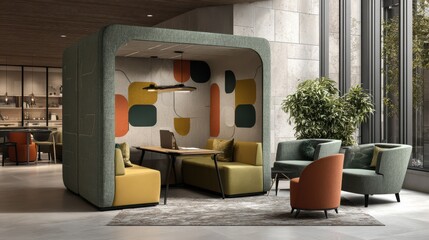 Create a quiet pod with laptop zone and soft seating for productive workspaces