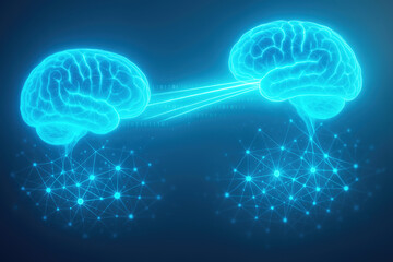 Glowing blue brains connected by digital lines and nodes connection network