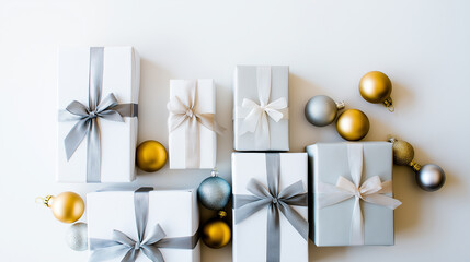 Flat lay of elegant Christmas gift boxes wrapped in matte paper with silk ribbons. Golden and silver ornaments on minimalist white background. Soft shadows and space on the right for text