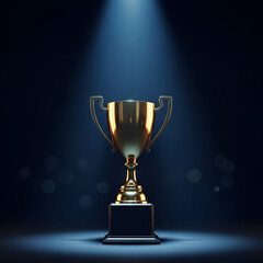 Golden trophy illuminated by spotlight on dark background