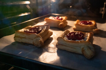 Puff pastry with jam and cream cheese. Dessert. Pastries. Food concept