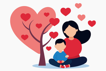 A mother and son near a heart tree illustration symbolizing love and family