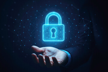 Glowing blue digital padlock hologram floating above open hand digital security cybersecurity