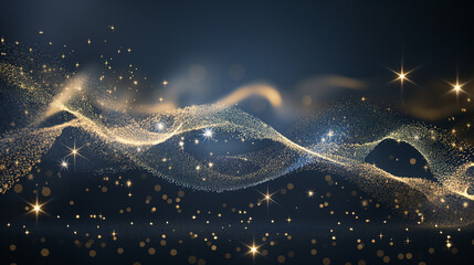 Abstract swirl of golden glitter and snowflakes on deep navy background, flowing motion from left to right with space for text, luxurious festive atmosphere, ultra-detailed design