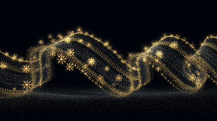 Abstract swirl of golden glitter and snowflakes on deep navy background, flowing motion from left to right with space for text, luxurious festive atmosphere, ultra-detailed design