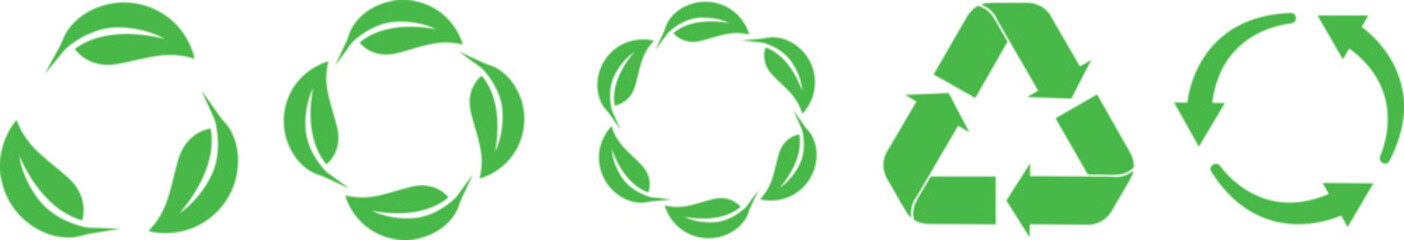 Green Recycling Symbol Set – Six Eco Icons Featuring Leaf Motifs and Circular Arrows in Flat Minimalist Style on White Background