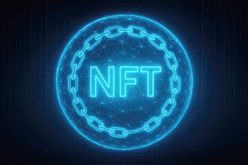 Glowing blue digital sphere with chain and NFT text blockchain digital art