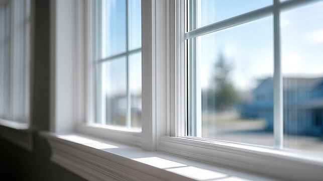 Sunlit close-up of modern white window with outdoor view.