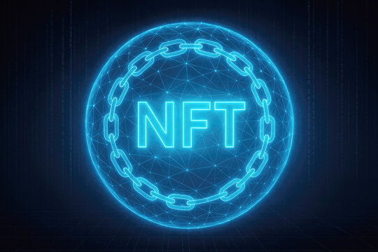 Glowing blue digital sphere with chain and NFT text blockchain digital art