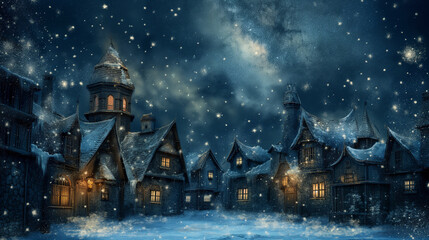 Stylized night sky over quiet snowy village with glowing windows, Northern lights and stars, painterly style with soft vignette and empty space at top for text