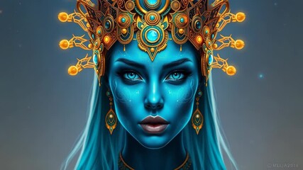 Dynamic Close-Up Journey Across a Celestial Blue Goddess with a Luminous Golden Crown - Powered by Adobe