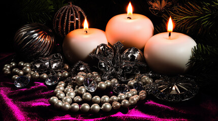 Luxury Christmas still life with burning candles, crystal ornaments, pearls and fir branches on velvet fabric, dark dramatic background and right-side space for branding