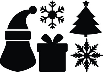 Christmas Silhouette Icon Set  Santa Hat, Gift Box, Snowflake & Tree Design.