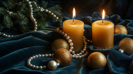 Luxury Christmas still life with burning candles, crystal ornaments, pearls and fir branches on velvet fabric, dark dramatic background and right-side space for branding