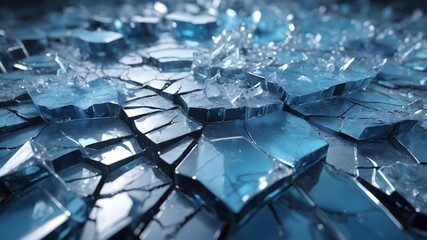 Abstract macro view of cracked blue ice showing intricate patterns and sharp, geometric shards. A cold, textured winter background.