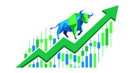 A vibrant low-poly bull symbolizes a strong upward trend in the stock market, depicted with a large green arrow and candlestick charts.