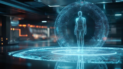 Ethereal female figure suspended in digital rings inside a high-tech environment