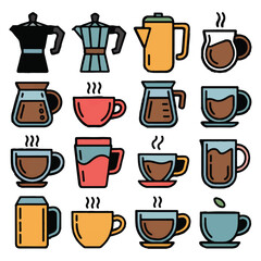 An assortment of illustrated coffee and tea cups, mugs, and pots, depicting different brewing devices and drinkware