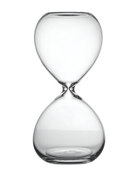 Modern transparent hourglass timer made of clear glass with sleek design on isolated background