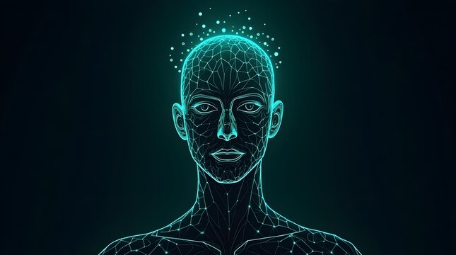 A futuristic digital human head made of glowing plexus networks. A concept for artificial intelligence, virtual identity, facial recognition, or human consciousness.