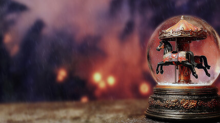 Vintage toy carousel inside a snow globe with glitter particles floating. Dreamy bokeh lights, rich reds and golds create a magical, romantic mood. Empty base space for text background