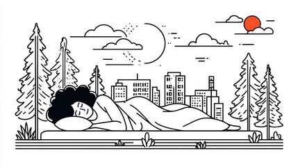 Naklejka premium Illustration of a person sleeping peacefully under a blanket, with a city skyline and trees in the background under the moon