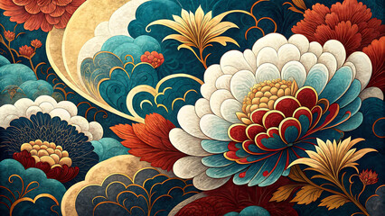 Vibrant floral pattern with intricate details in teal red and gold