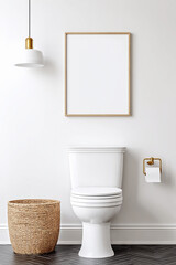 Modern bathroom design featuring a white toilet, decorative basket, and stylish lighting along with a blank wall. Empty vertical frame for modern wall art mockup