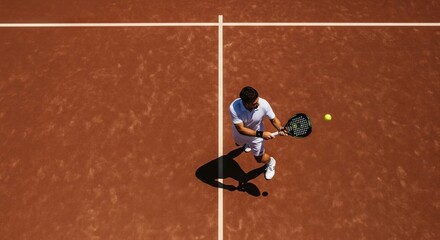 Aerial view of a male tennis player hitting a forehand shot on a vibrant orange clay court during a match