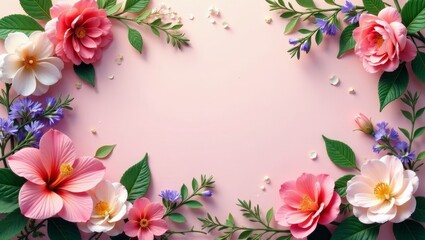 Fototapeta premium A Delicate Floral Frame of Pastel Blossoms and Lush Greenery on a Soft Pink Background