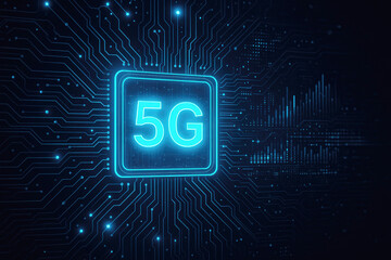 Glowing cyan 5G symbol on intricate circuit board technology